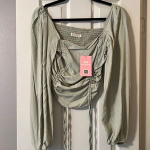 NWT Missy Empire sage green crop lace up peasant top size US M 10uk adjustable